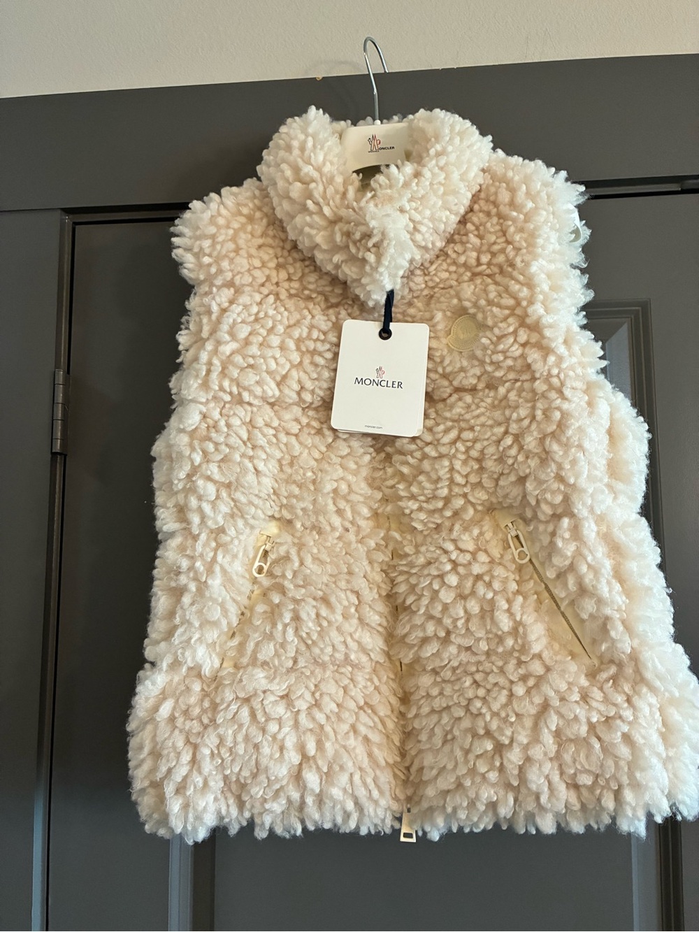 Moncler Down Sherpa/Teddy Vest in Cream w/Double Zip & High Collar
